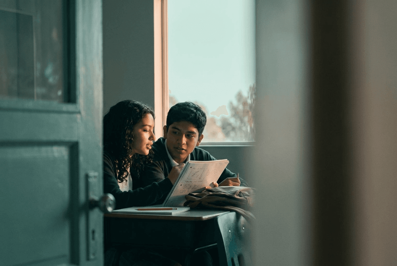 Dos estudiantes revisan juntos unas hojas en un salón con luz de ventana.
